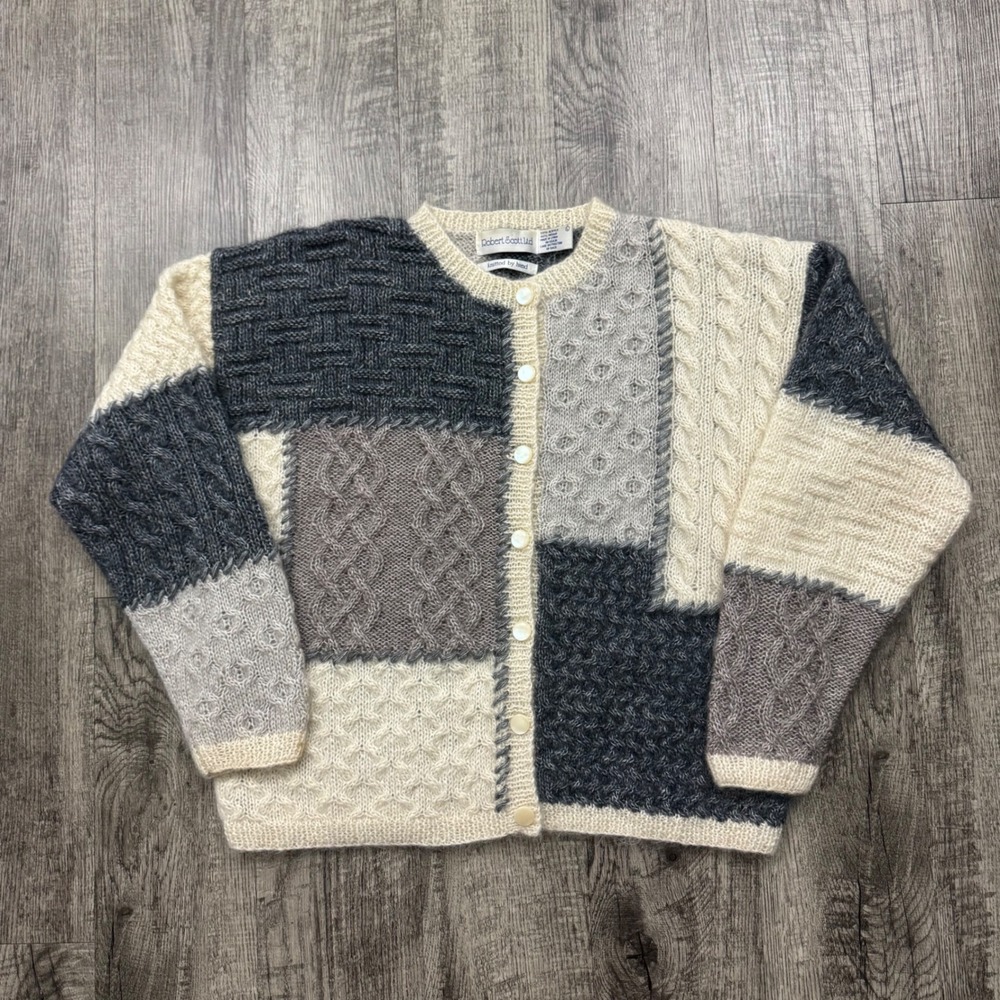 Vintage Robert Scott Hand Knit Mohair Blend Color Block Cardigan Sweater